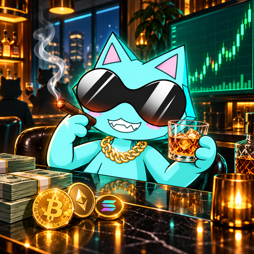 HYPERCAT at the lounge with a drink, late-night charts, and crypto on the table